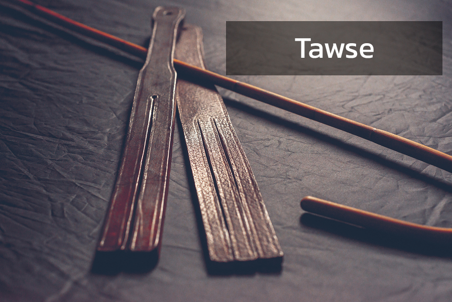 rattan cane and leather tawse for punishment